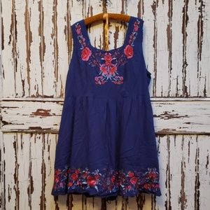 Navy dress with pink embroidery